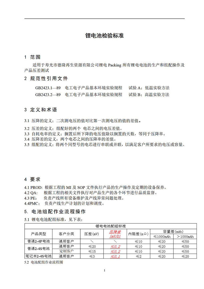 Pack电池模组压降及组配参数和产品压差标准（试行）